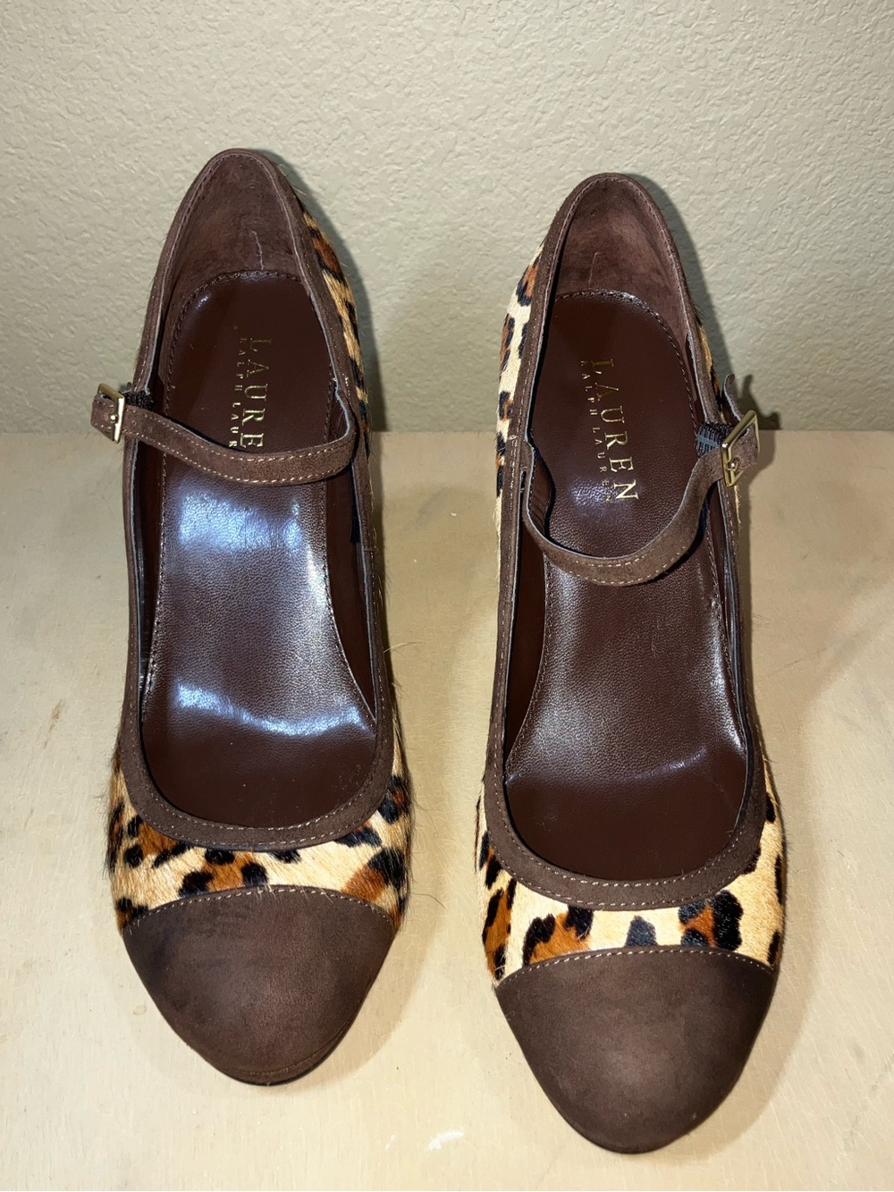 Lauren Ralph Lauren Leopard Print Mary Jane Pumps with Brown Suede Cap